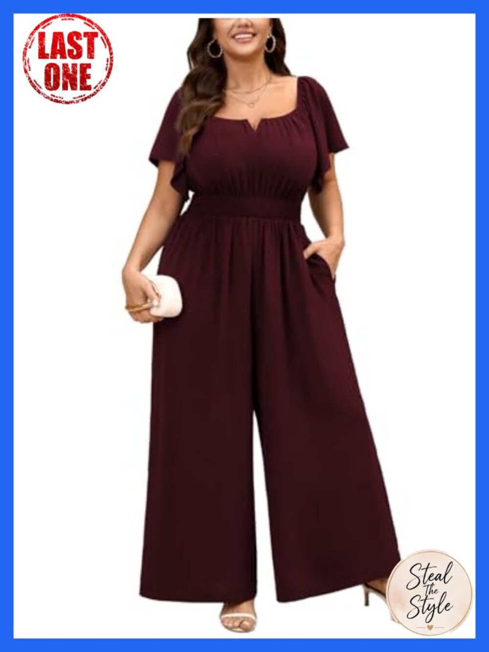 Plus Size Square Neck Wide Leg Jumpsuit with Pockets